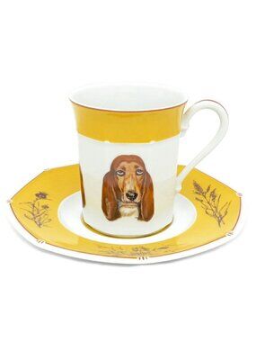 Hermes Tea Cup & Saucer Bazett Hound Chasse Yellow Coffee C&s Ceramics Dog